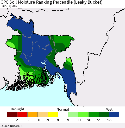 Bangladesh CPC Soil Moisture Ranking Percentile (Leaky Bucket) Thematic Map For 6/6/2022 - 6/10/2022