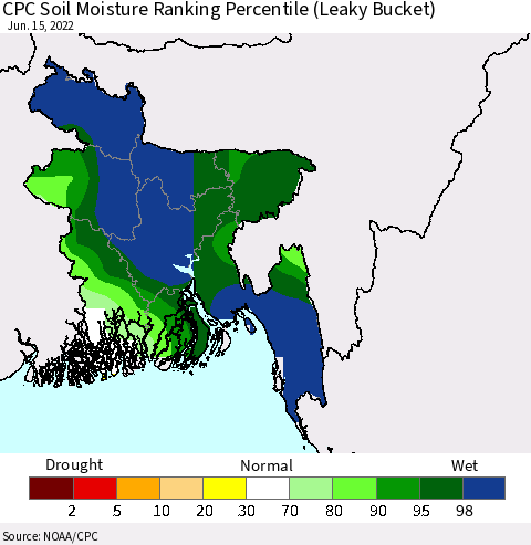 Bangladesh CPC Soil Moisture Ranking Percentile (Leaky Bucket) Thematic Map For 6/11/2022 - 6/15/2022