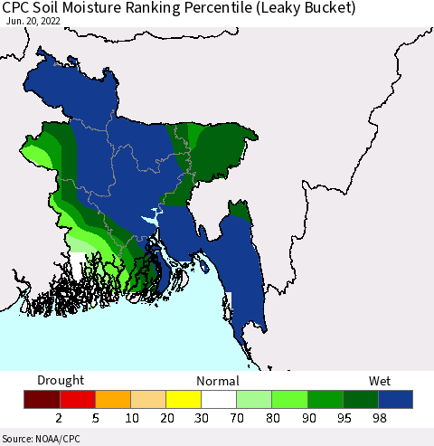 Bangladesh CPC Soil Moisture Ranking Percentile (Leaky Bucket) Thematic Map For 6/16/2022 - 6/20/2022