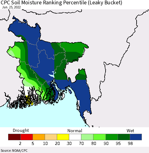 Bangladesh CPC Soil Moisture Ranking Percentile (Leaky Bucket) Thematic Map For 6/21/2022 - 6/25/2022
