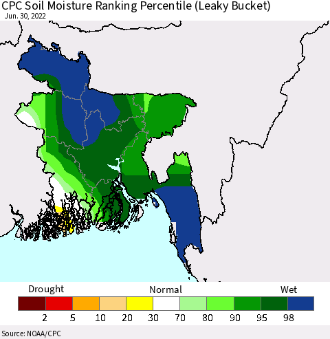 Bangladesh CPC Soil Moisture Ranking Percentile (Leaky Bucket) Thematic Map For 6/26/2022 - 6/30/2022