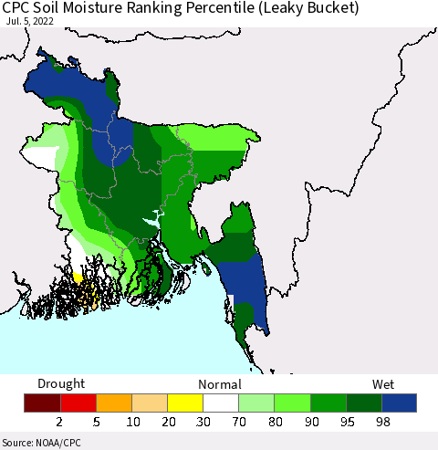 Bangladesh CPC Soil Moisture Ranking Percentile (Leaky Bucket) Thematic Map For 7/1/2022 - 7/5/2022