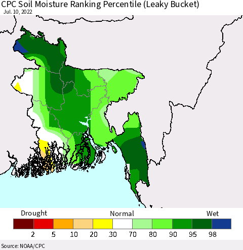 Bangladesh CPC Soil Moisture Ranking Percentile (Leaky Bucket) Thematic Map For 7/6/2022 - 7/10/2022