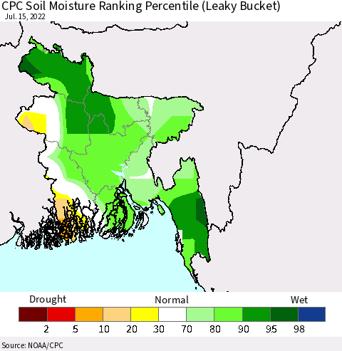 Bangladesh CPC Soil Moisture Ranking Percentile (Leaky Bucket) Thematic Map For 7/11/2022 - 7/15/2022