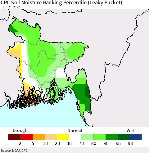 Bangladesh CPC Soil Moisture Ranking Percentile (Leaky Bucket) Thematic Map For 7/16/2022 - 7/20/2022