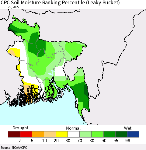 Bangladesh CPC Soil Moisture Ranking Percentile (Leaky Bucket) Thematic Map For 7/21/2022 - 7/25/2022