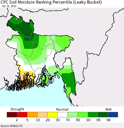 Bangladesh CPC Soil Moisture Ranking Percentile (Leaky Bucket) Thematic Map For 7/26/2022 - 7/31/2022