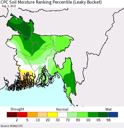 Bangladesh CPC Soil Moisture Ranking Percentile (Leaky Bucket) Thematic Map For 8/1/2022 - 8/5/2022
