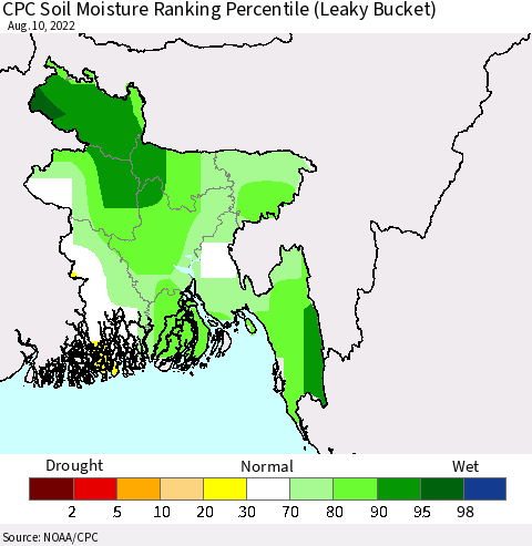 Bangladesh CPC Soil Moisture Ranking Percentile (Leaky Bucket) Thematic Map For 8/6/2022 - 8/10/2022