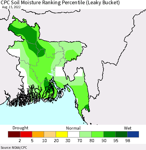 Bangladesh CPC Soil Moisture Ranking Percentile (Leaky Bucket) Thematic Map For 8/11/2022 - 8/15/2022