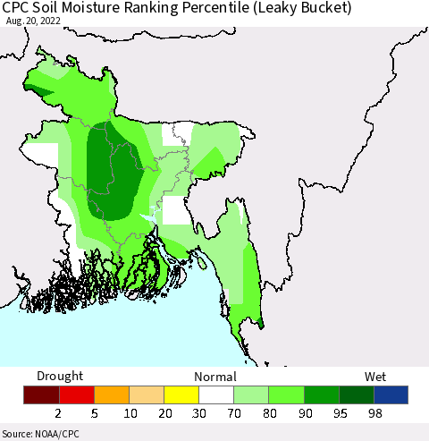 Bangladesh CPC Soil Moisture Ranking Percentile (Leaky Bucket) Thematic Map For 8/16/2022 - 8/20/2022