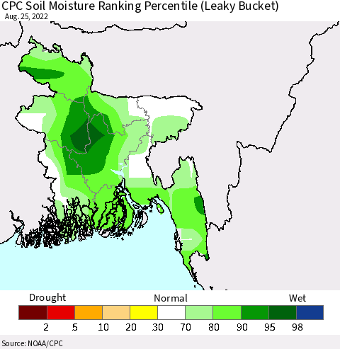 Bangladesh CPC Soil Moisture Ranking Percentile (Leaky Bucket) Thematic Map For 8/21/2022 - 8/25/2022
