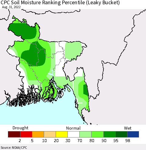 Bangladesh CPC Soil Moisture Ranking Percentile (Leaky Bucket) Thematic Map For 8/26/2022 - 8/31/2022