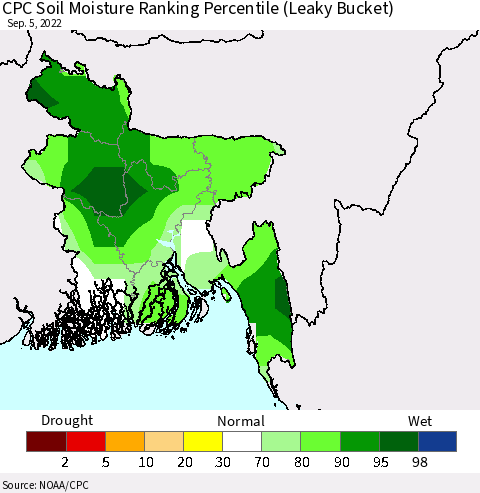 Bangladesh CPC Soil Moisture Ranking Percentile (Leaky Bucket) Thematic Map For 9/1/2022 - 9/5/2022