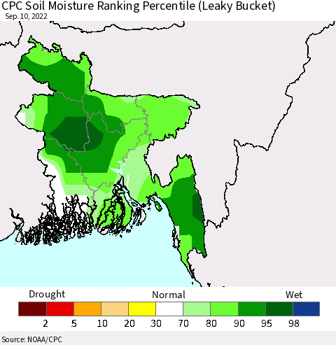 Bangladesh CPC Soil Moisture Ranking Percentile (Leaky Bucket) Thematic Map For 9/6/2022 - 9/10/2022