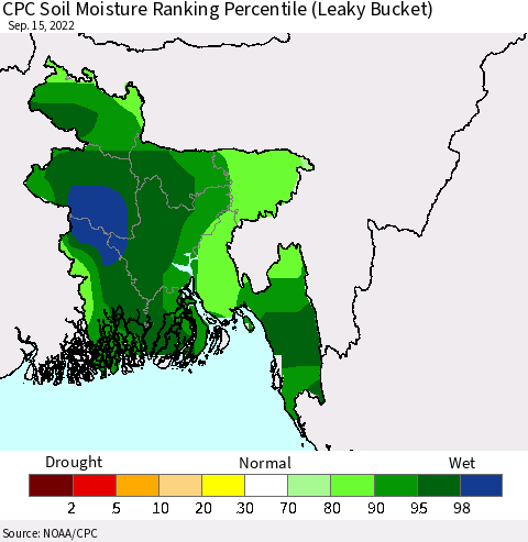 Bangladesh CPC Soil Moisture Ranking Percentile (Leaky Bucket) Thematic Map For 9/11/2022 - 9/15/2022