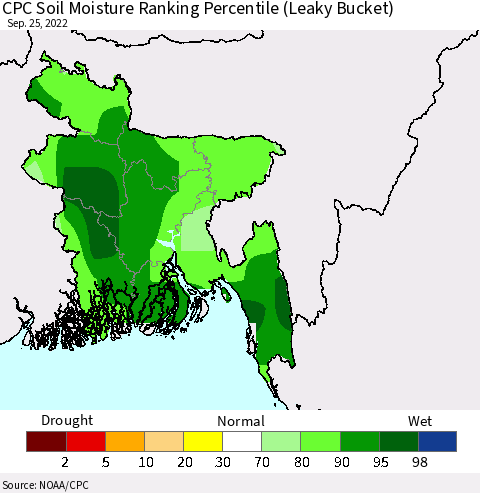 Bangladesh CPC Soil Moisture Ranking Percentile (Leaky Bucket) Thematic Map For 9/21/2022 - 9/25/2022