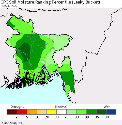 Bangladesh CPC Soil Moisture Ranking Percentile (Leaky Bucket) Thematic Map For 9/26/2022 - 9/30/2022