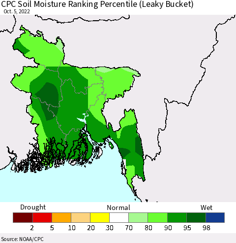 Bangladesh CPC Soil Moisture Ranking Percentile (Leaky Bucket) Thematic Map For 10/1/2022 - 10/5/2022
