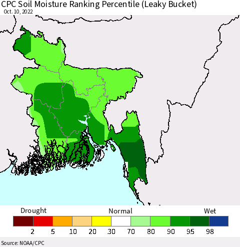 Bangladesh CPC Soil Moisture Ranking Percentile (Leaky Bucket) Thematic Map For 10/6/2022 - 10/10/2022