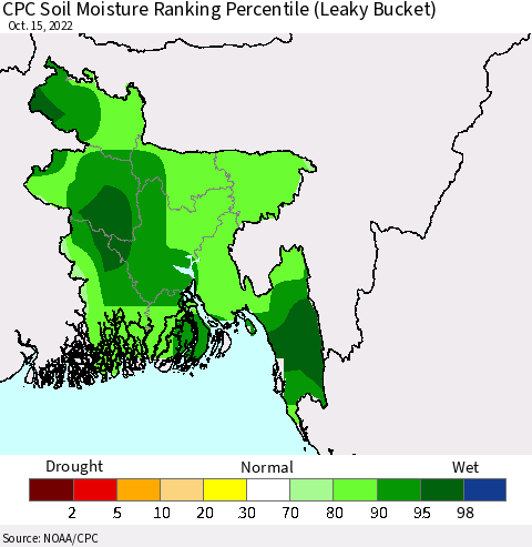 Bangladesh CPC Soil Moisture Ranking Percentile (Leaky Bucket) Thematic Map For 10/11/2022 - 10/15/2022