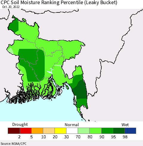Bangladesh CPC Soil Moisture Ranking Percentile (Leaky Bucket) Thematic Map For 10/16/2022 - 10/20/2022