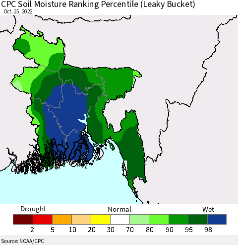 Bangladesh CPC Soil Moisture Ranking Percentile (Leaky Bucket) Thematic Map For 10/21/2022 - 10/25/2022