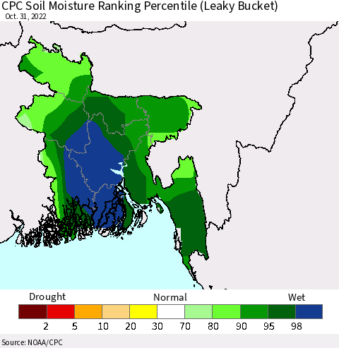 Bangladesh CPC Soil Moisture Ranking Percentile (Leaky Bucket) Thematic Map For 10/26/2022 - 10/31/2022