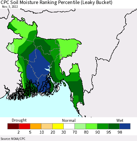 Bangladesh CPC Soil Moisture Ranking Percentile (Leaky Bucket) Thematic Map For 11/1/2022 - 11/5/2022