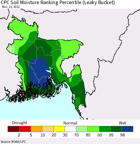 Bangladesh CPC Soil Moisture Ranking Percentile (Leaky Bucket) Thematic Map For 11/6/2022 - 11/10/2022