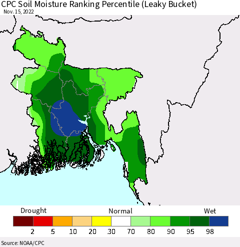 Bangladesh CPC Soil Moisture Ranking Percentile (Leaky Bucket) Thematic Map For 11/11/2022 - 11/15/2022