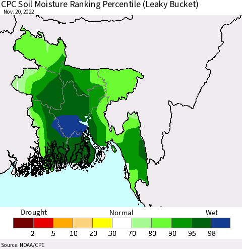 Bangladesh CPC Soil Moisture Ranking Percentile (Leaky Bucket) Thematic Map For 11/16/2022 - 11/20/2022