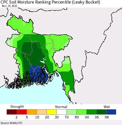 Bangladesh CPC Soil Moisture Ranking Percentile (Leaky Bucket) Thematic Map For 11/21/2022 - 11/25/2022