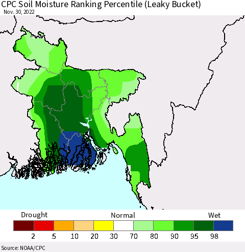 Bangladesh CPC Soil Moisture Ranking Percentile (Leaky Bucket) Thematic Map For 11/26/2022 - 11/30/2022