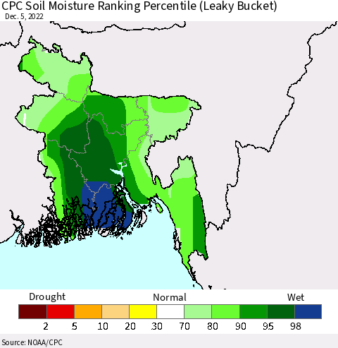 Bangladesh CPC Soil Moisture Ranking Percentile (Leaky Bucket) Thematic Map For 12/1/2022 - 12/5/2022