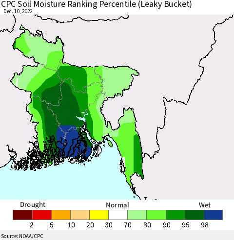 Bangladesh CPC Soil Moisture Ranking Percentile (Leaky Bucket) Thematic Map For 12/6/2022 - 12/10/2022