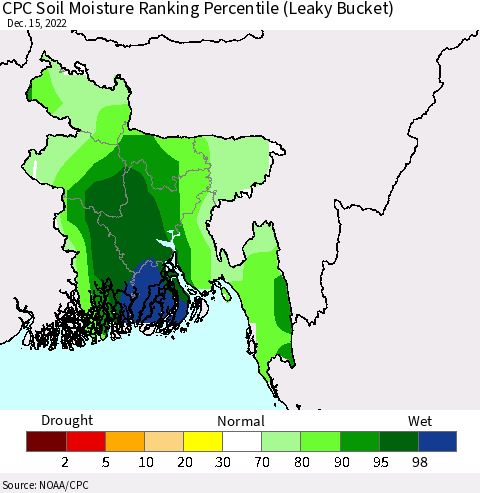 Bangladesh CPC Soil Moisture Ranking Percentile (Leaky Bucket) Thematic Map For 12/11/2022 - 12/15/2022