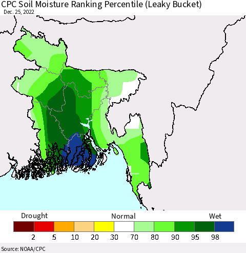 Bangladesh CPC Soil Moisture Ranking Percentile (Leaky Bucket) Thematic Map For 12/21/2022 - 12/25/2022