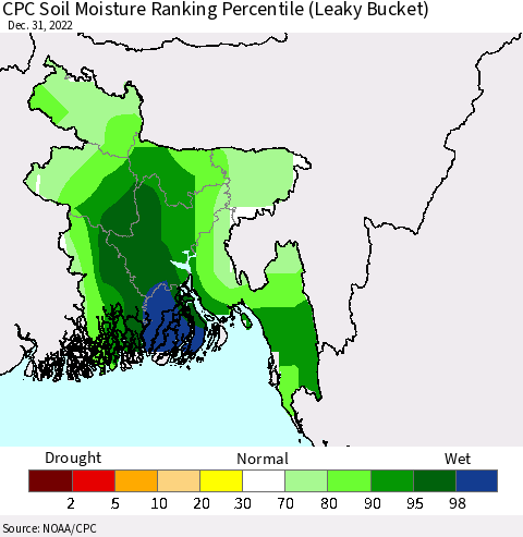 Bangladesh CPC Soil Moisture Ranking Percentile (Leaky Bucket) Thematic Map For 12/26/2022 - 12/31/2022