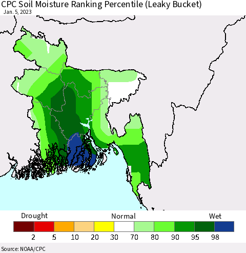 Bangladesh CPC Soil Moisture Ranking Percentile (Leaky Bucket) Thematic Map For 1/1/2023 - 1/5/2023