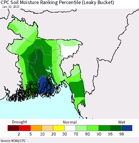 Bangladesh CPC Soil Moisture Ranking Percentile (Leaky Bucket) Thematic Map For 1/6/2023 - 1/10/2023