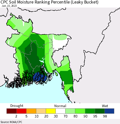 Bangladesh CPC Soil Moisture Ranking Percentile (Leaky Bucket) Thematic Map For 1/11/2023 - 1/15/2023