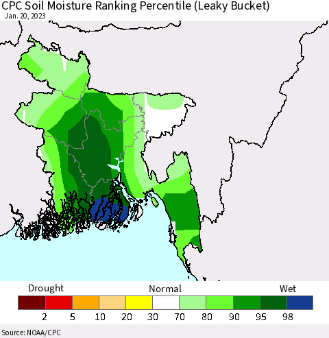 Bangladesh CPC Soil Moisture Ranking Percentile (Leaky Bucket) Thematic Map For 1/16/2023 - 1/20/2023