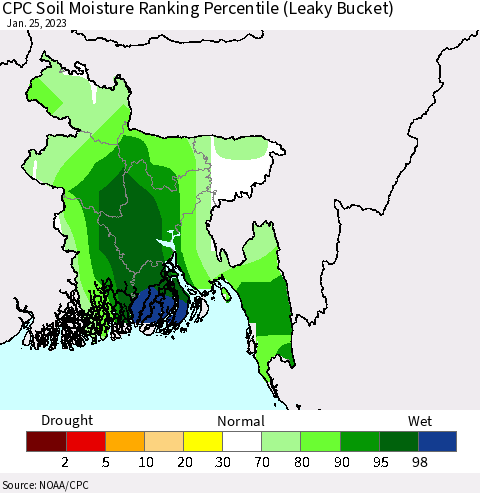 Bangladesh CPC Soil Moisture Ranking Percentile (Leaky Bucket) Thematic Map For 1/21/2023 - 1/25/2023