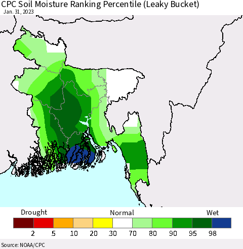 Bangladesh CPC Soil Moisture Ranking Percentile (Leaky Bucket) Thematic Map For 1/26/2023 - 1/31/2023