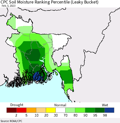 Bangladesh CPC Soil Moisture Ranking Percentile (Leaky Bucket) Thematic Map For 2/1/2023 - 2/5/2023