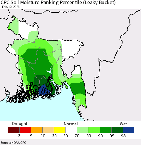 Bangladesh CPC Soil Moisture Ranking Percentile (Leaky Bucket) Thematic Map For 2/6/2023 - 2/10/2023