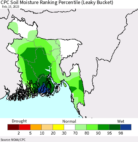 Bangladesh CPC Soil Moisture Ranking Percentile (Leaky Bucket) Thematic Map For 2/11/2023 - 2/15/2023