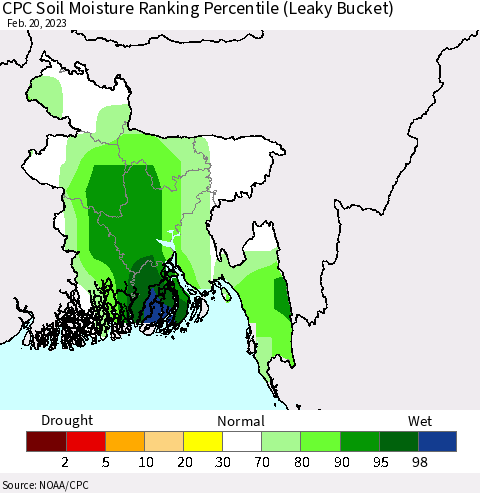 Bangladesh CPC Soil Moisture Ranking Percentile (Leaky Bucket) Thematic Map For 2/16/2023 - 2/20/2023