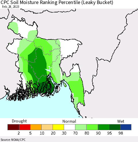 Bangladesh CPC Soil Moisture Ranking Percentile (Leaky Bucket) Thematic Map For 2/26/2023 - 2/28/2023